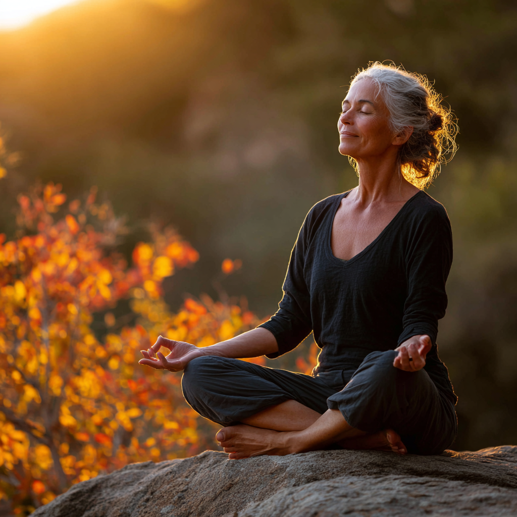 Middle-aged woman practicing gentle yoga poses in a calm natural setting