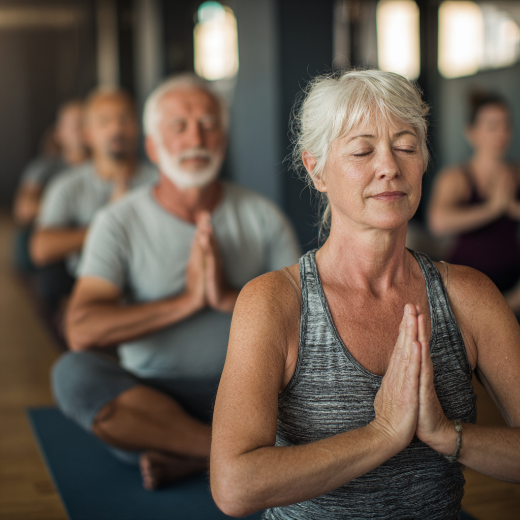 Older adults in calm yoga session focused on flexibility and gentle movement